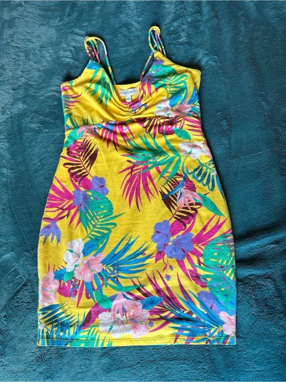 Guess Yellow Tropical Floral Ruched Slip Dress